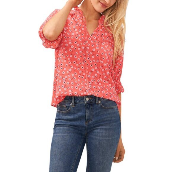 Cece Women's Elbow Sleeve Split-Neck Blouse Calipso Coral Pink Size M NWT, $79 - Picture 1 of 6